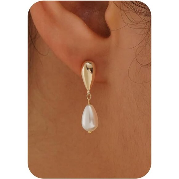 Jewelry - Dainty Pearl Drop Earrings for Women 14K Gold Plated CZ Wedding Stud Dangle Gift